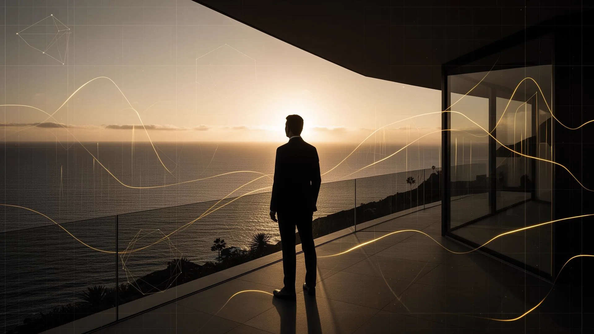 Executive overlooking the Atlantic Ocean from a modern terrace on La Palma at sunset