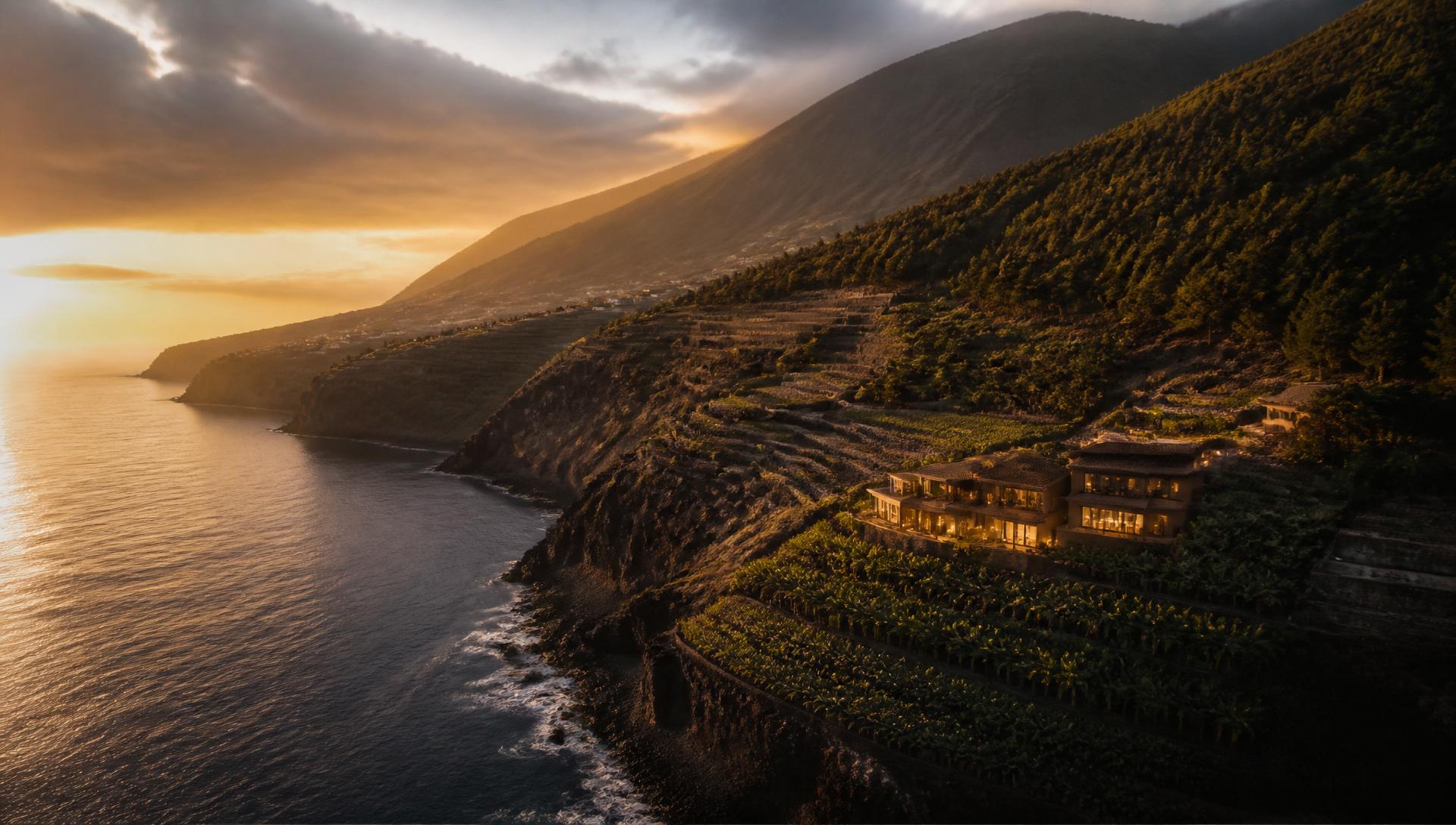 Aerial view of La Palma at sunset with volcanic cliffs, banana plantations, terraced vineyards and a discreet boutique hotel above the Atlantic — a landscape representative of the sustainable tourism development potential enabled by the Green Islands Law