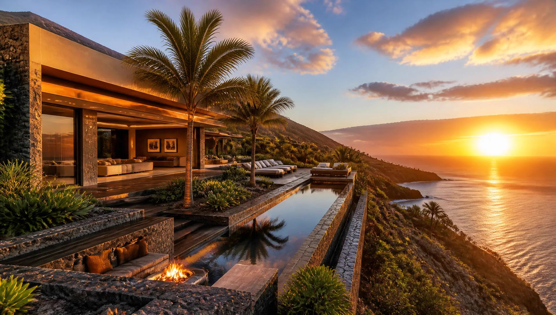 Aerial view of a contemporary luxury villa on La Palma's volcanic coastline at sunset, representing premium real estate investment opportunities in the Canary Islands