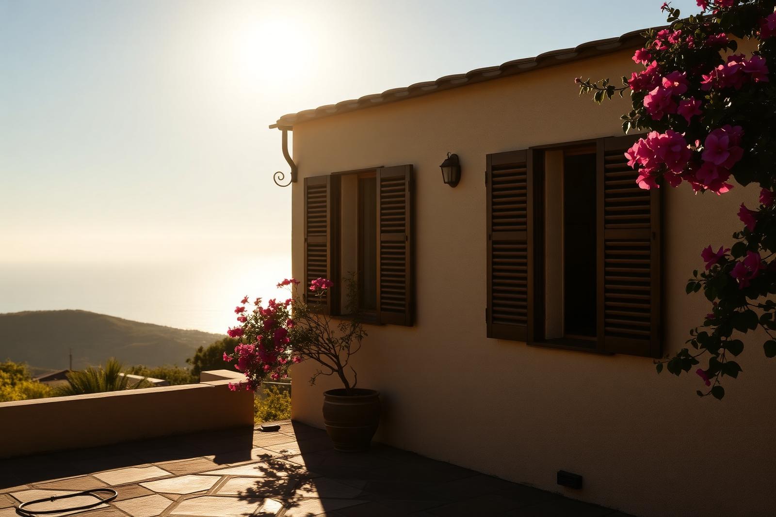 Sonnendurchflutete Terrasse einer restaurierten kanarischen Finca auf La Palma zur goldenen Stunde mit Holzläden, Bougainvillea und Atlantikblick — Kulisse für deutsche Käufer, die auf die Insel ziehen oder investieren