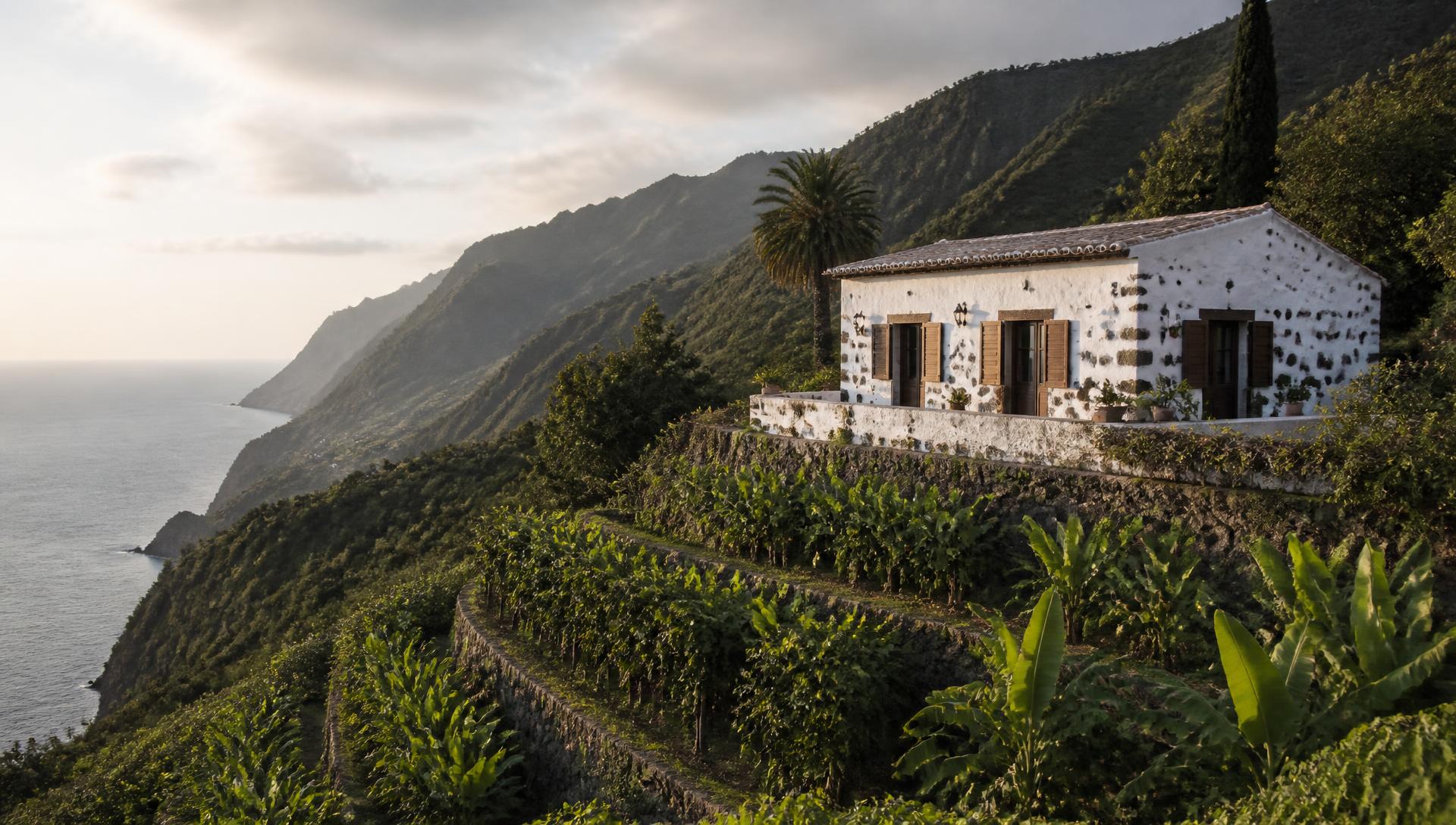 Traditional Canarian house on terraced hillside land on La Palma with Atlantic views